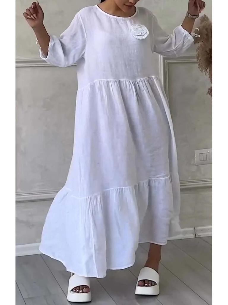 2024 EU & US Style Women's Round Neck Gathered Long Sleeve Drawstring Back Tie Solid Casual Dress