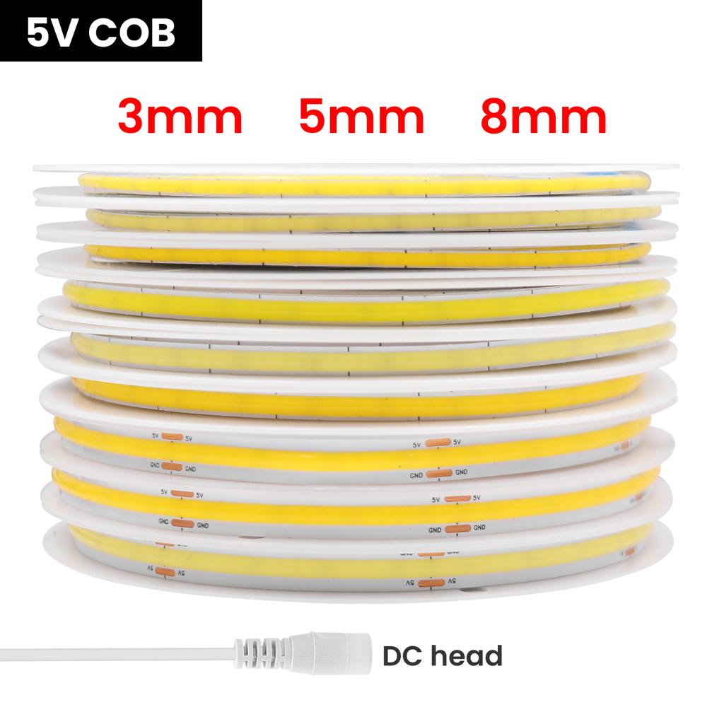 5V 12V COB LED Strip Light Ultra Thin 3MM 5MM 8MM Flexible Tape 320Leds/m RA90 Dimmable Linear Lighting Warm Natural Cool White