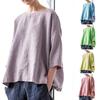 Kvinnor Bomull Linne Blus Toppar Sommar Dam O-Hals Enfärgad Vintage Strandkläder Semester Blus Skjortor