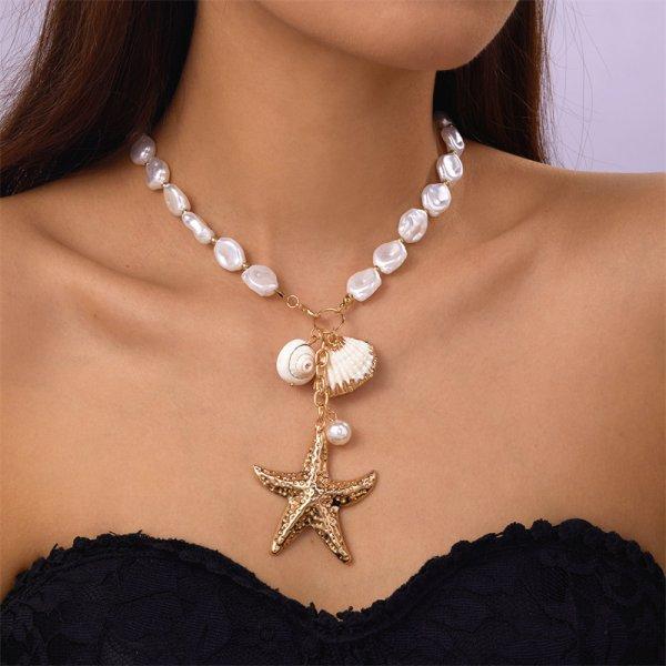 Summer Ocean Vacation Starfish Shell Conch Multi-Layer Necklace Fashionable Exaggerated Multi-Layer Necklace