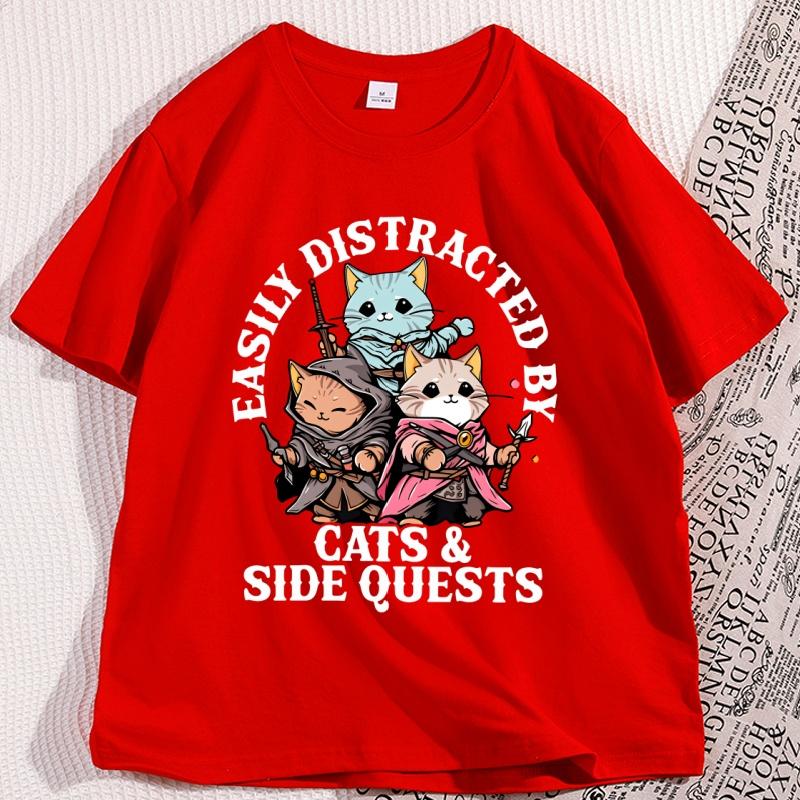 

Easily Distracted By Cats TShirt for Men Women Funny Gamer Graphic Tee Retro Adventure Cat Soft Tshirt Cotton Streetwear S