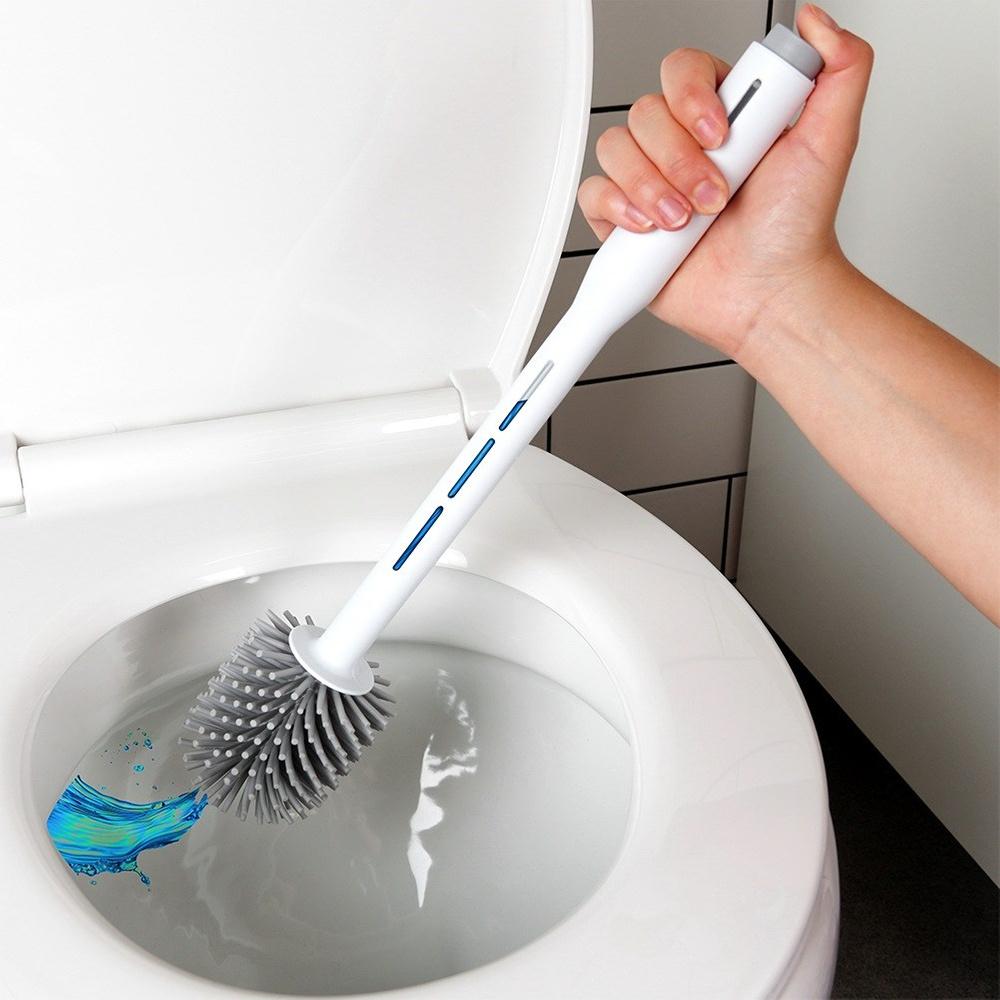 Silicone toilet brush with stand and liquid dispenser, white, 40 cm