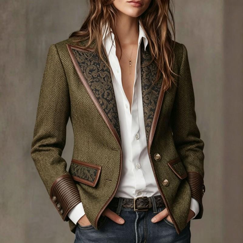 French Vintage Contrast Color Blazer Collar Wool Coat Elegant Thick Winter Womens Outerwear
