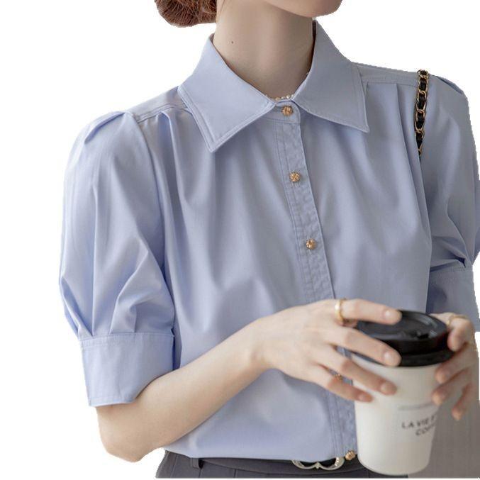 Blue Shirt Interview Summer 1116 New French Commuter Shirt Temperament Short Sleeve Professional Polo Collar Top Trend