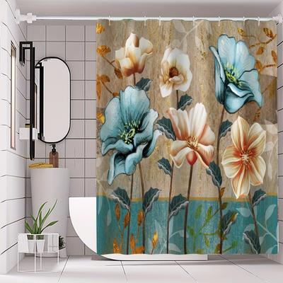 Flower-Blooming Pattern Washable Dirt-Resistant Shower Curtain Shower Head Waterproof Polyester Bath Curtain For Home Decor