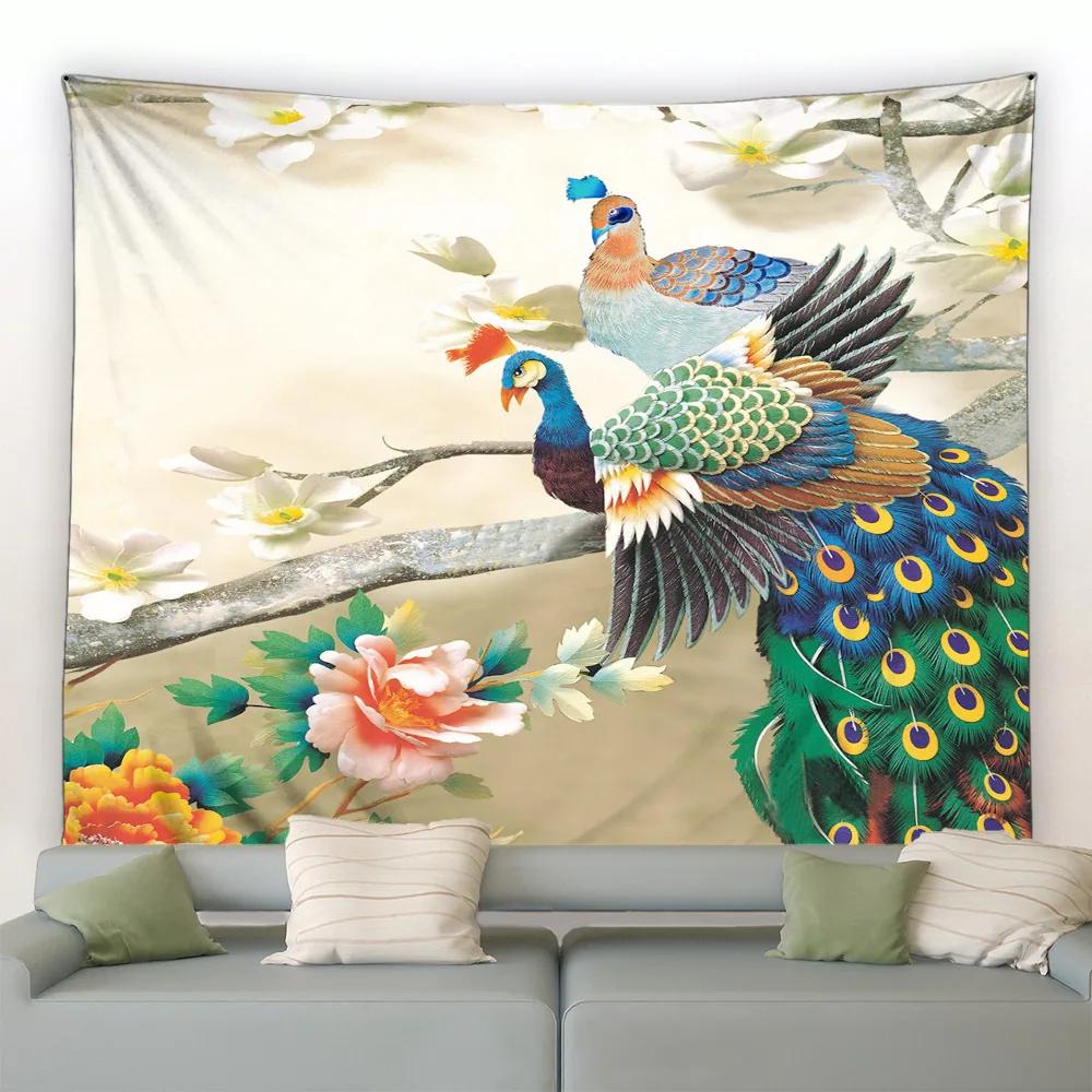 Cute Peacock Tapestry Peony Flower Butterfly Bird Wall Hanging Chinese Landscape Painting Tapestry for Living Room Bedroom Decor