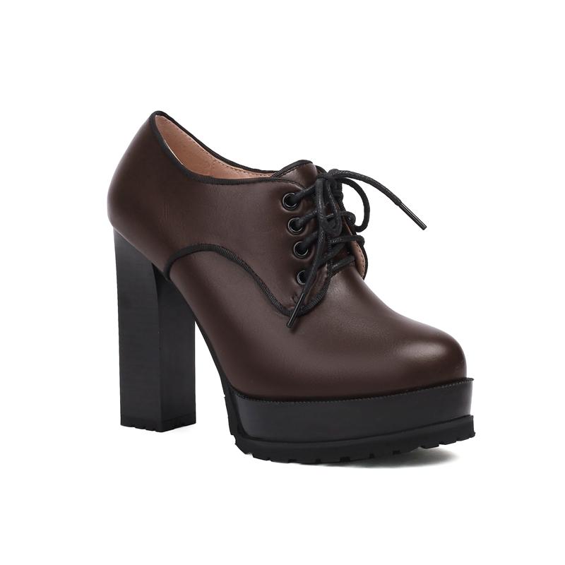 Fashion Women's New Spring and Autumn Round Head Thick Sole Waterproof Platform Lace up High Heel Large Size Deep Mouth Single Shoes