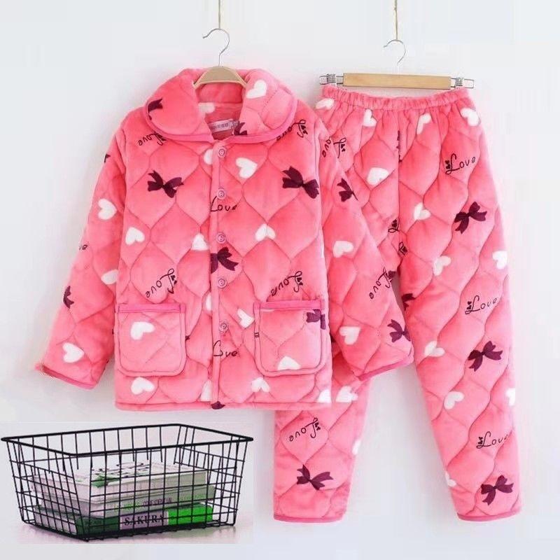 Thickened pajamas women's winter three-layer coral fleece padded cotton can be worn outside, plus sweet loungewear set