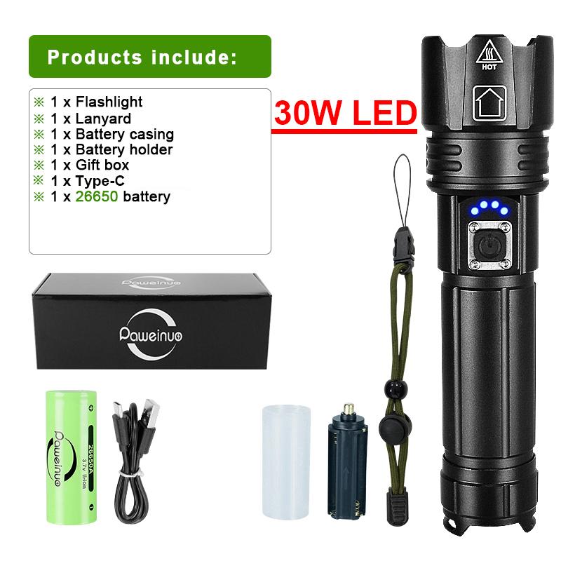 1500M Long Shot Lantern Powerful LED Flashlight USB Rechargeable 30W Torch Portable Outdoor Light Lantern