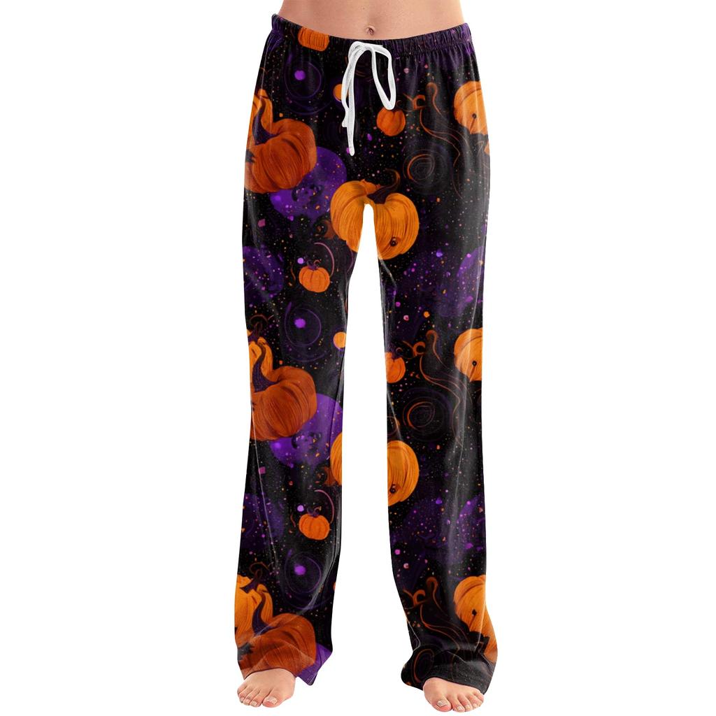 Women Drawstring Waist Halloween Print Long Pants Casual Loose Fit Trousers for Daily Home Lounge Wear