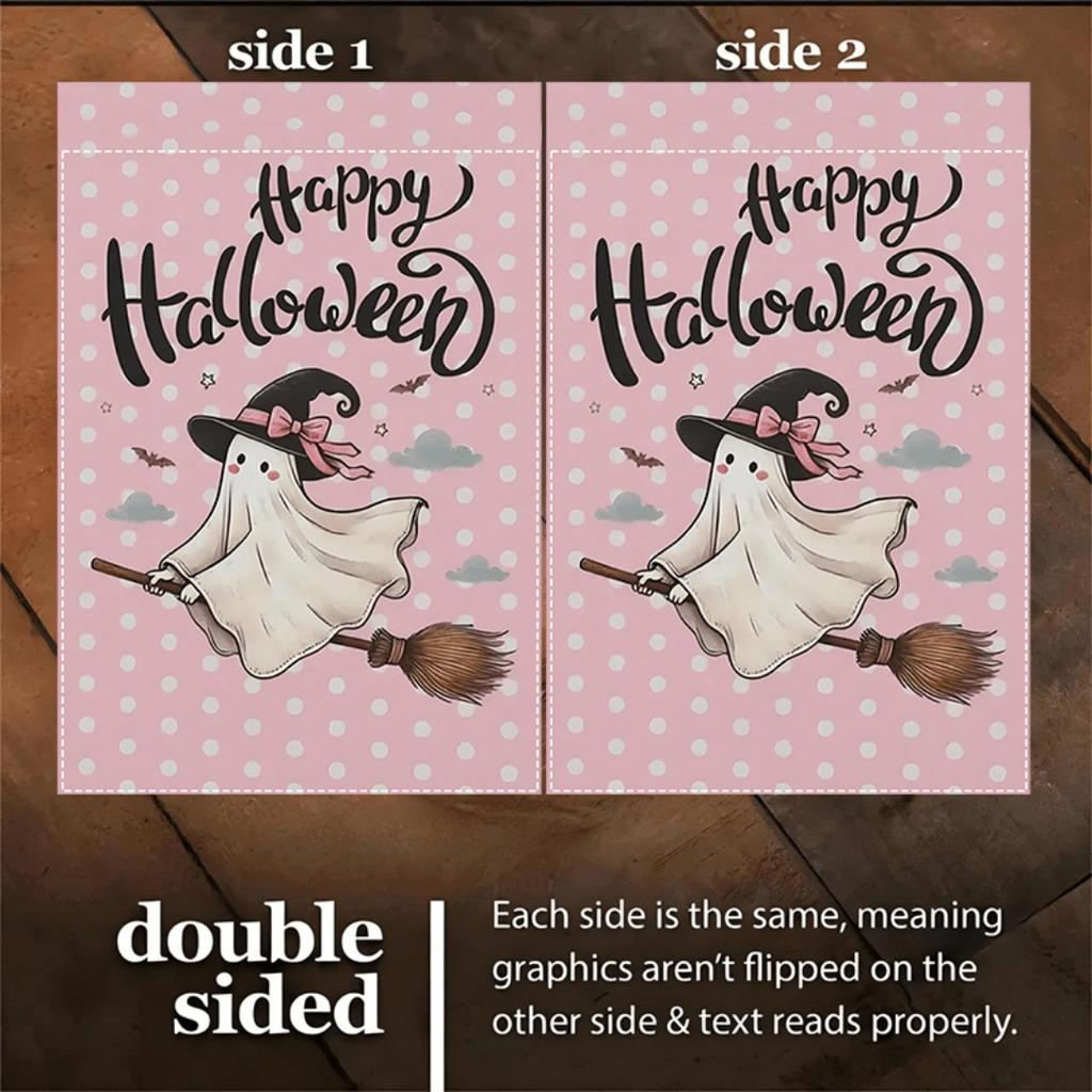1pc Pink Happy Halloween Garden Flag Lovely Ghost Print Suitable for Halloween Yard Outside Decoration No Flag Pole 12X18 Inch