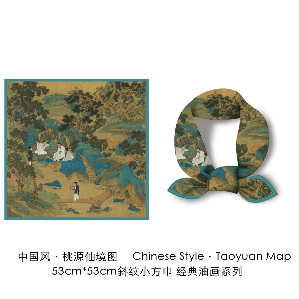 53CM Twill Silk Scarf  China Style Painting Square Scarves Wraps Bandana Small Hijab Silk Foulards Tie Headband Neckerchief
