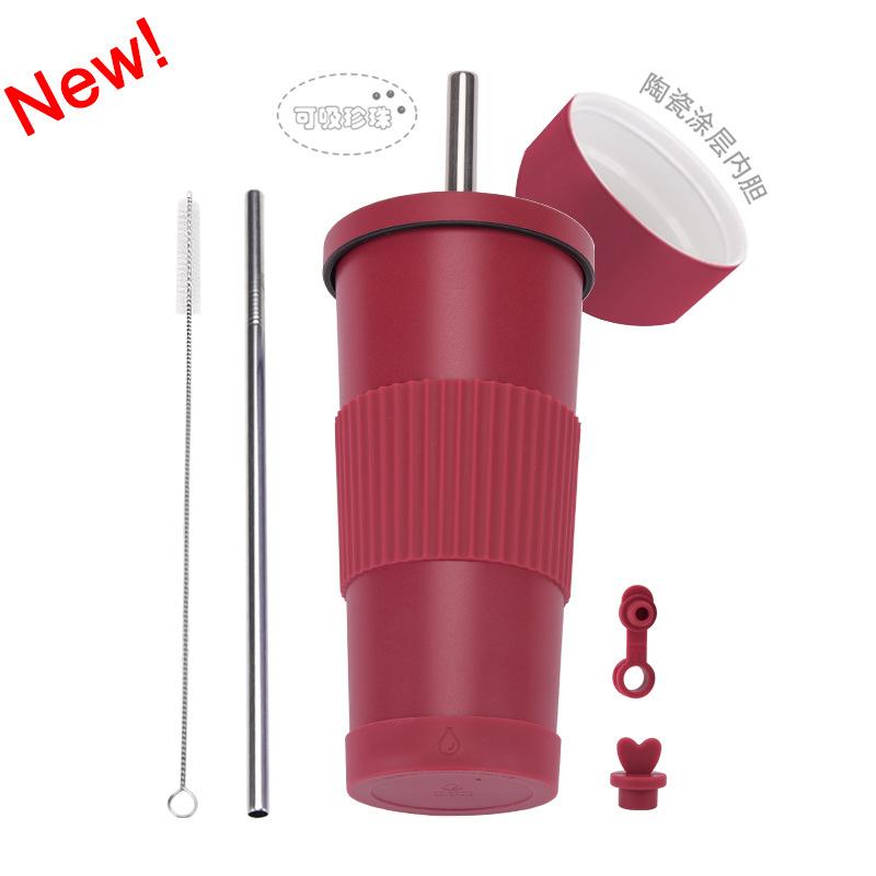 2025710Ml Stainless Steel Straw Cup Female Ceramic Liner Milk Tea Cup Non-Slip Portable Straw Thermos Cup