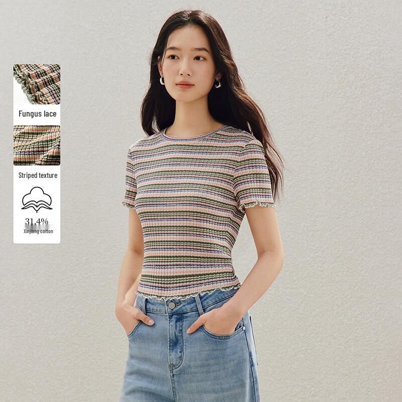 

INMAN Retro Slim Fit Striped Ruffle Short Sleeve T-Shirt XL