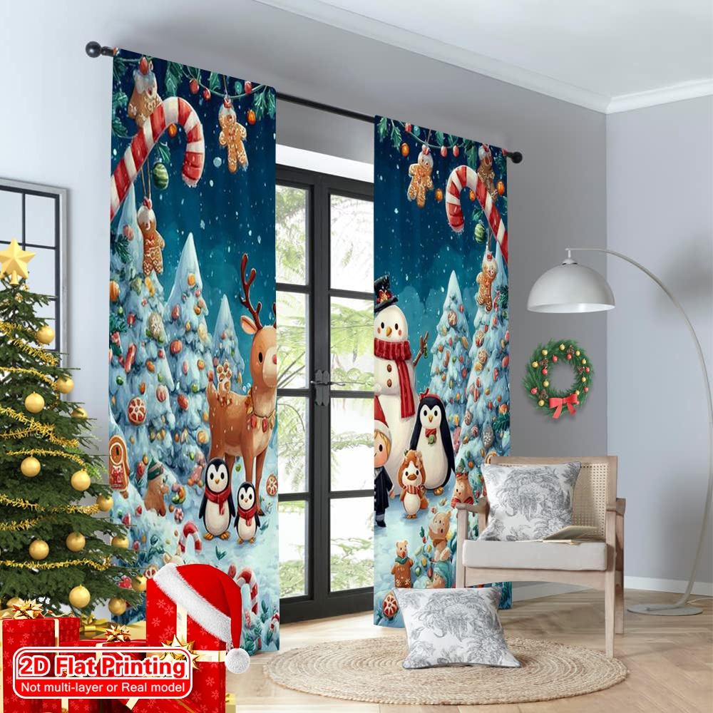 2pcs 2D flat printing Merry Christmas Party Curtains Christmas11 Machine Washable Polyester Without Electricity Festive Wall