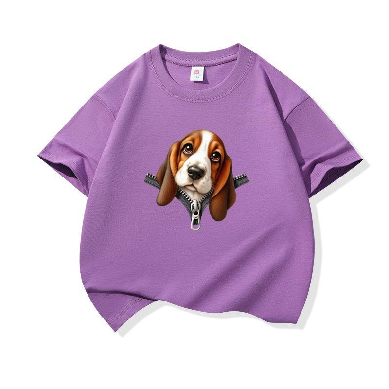 Kids Cotton T Shirt Cute Basset Hound Dog Zipper Print Crew Neck Short Sleeve Tee Casual Breathable Boys Girls Summer Tops