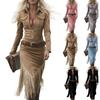 Women's Fashion Solid-Colour Western- Suede Fringe Slim-Fit Long-Sleeved Dress