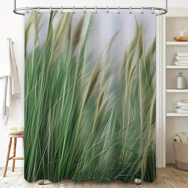 Greenery Bath Curtain Wild Grass Print Shower curtain for Bathroom Decor White Bathtub Fit 72 x 84 Inches Waterproof Fabric Home