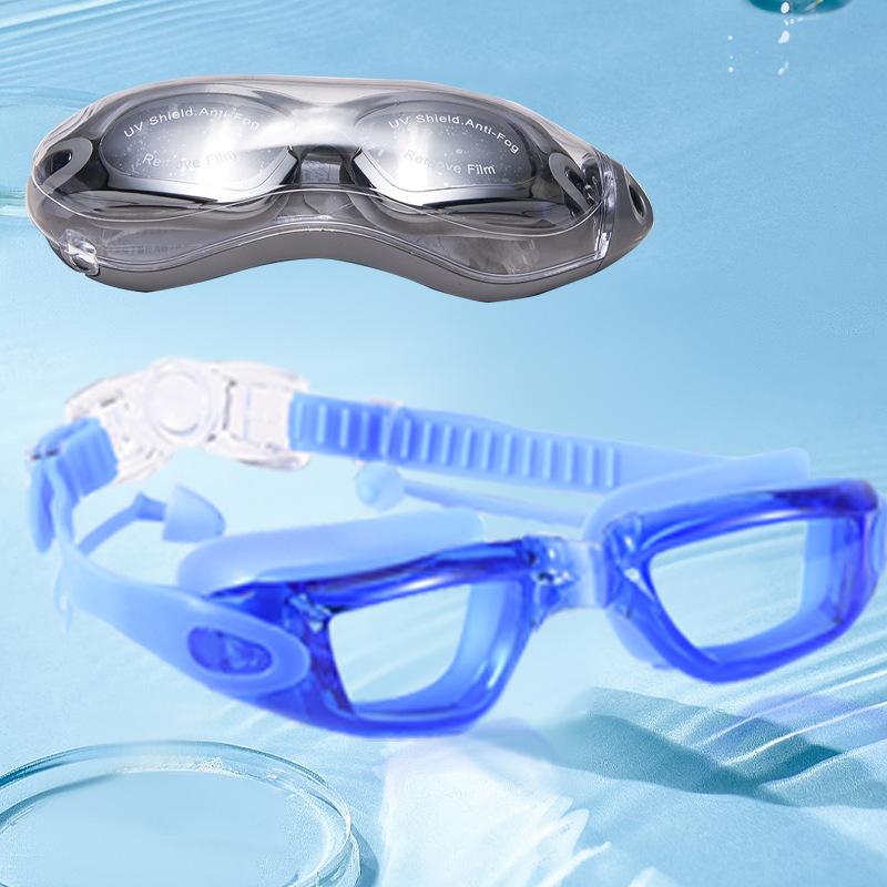 Directly supplied silicone colorful swimming goggles for adults, new model One-piece earplug electroplated anti-fog swimming goggles