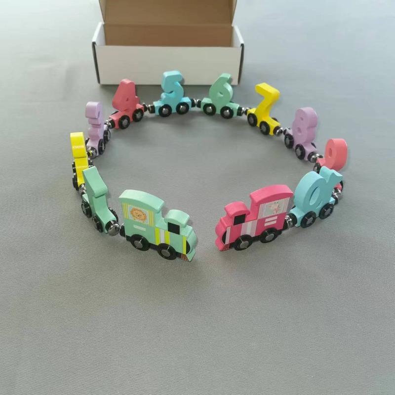 Wooden Magnetic Train Digital Cognition Building Blocks Toddler Educational Early Learning Pull Along Toy