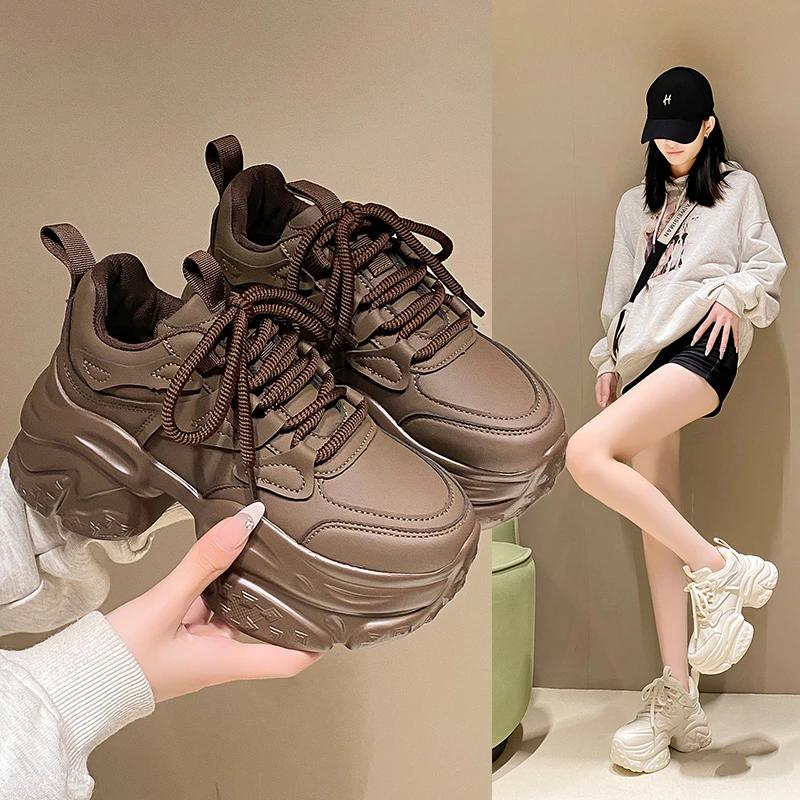 Fashion 7.5CM Heels Autumn Chunky Sneakers for Women 2024 New Casual Walking Platform Sports Shoes Woman Thick Bottom Dad Shoes Ladies