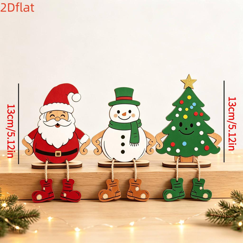 3pcs 2D Flat Christmas Wooden Tabletop Decorations Santa Claus Snowman Christmas Tree Holiday Home Decor Decorative Plaques Ornaments