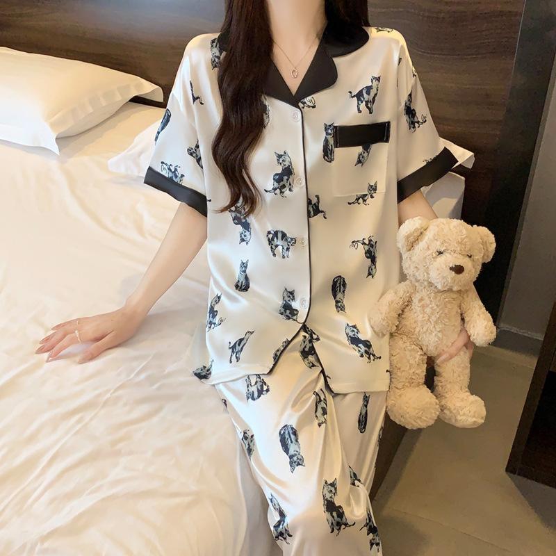 Summer Ice Silk Pajamas Women'S Short-Sleeved Trousers Printed Cats Can Wear Loungewear Outside
