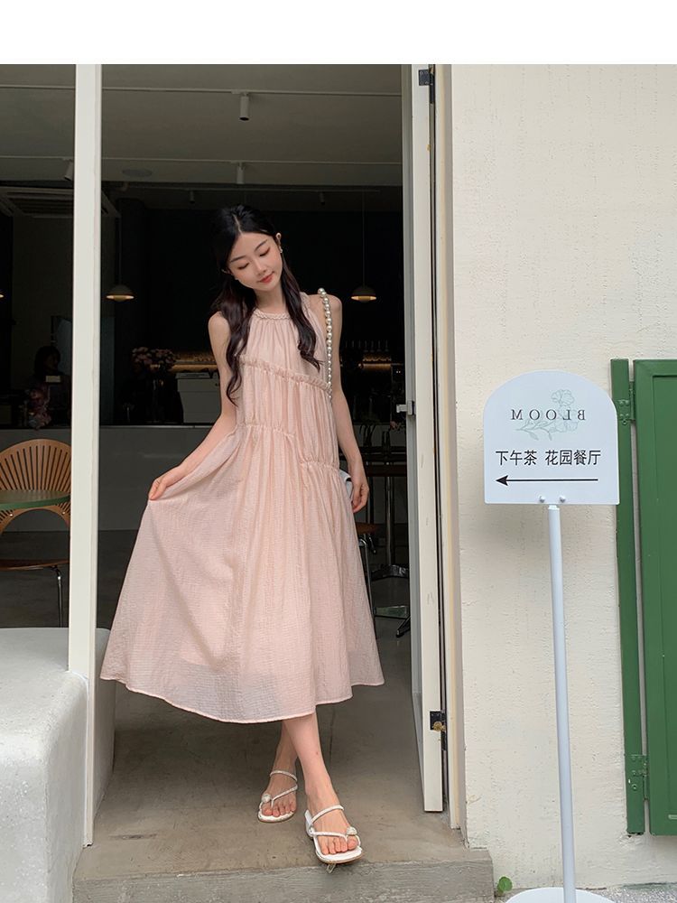Summer loose pleated large skirt medium and long skirt small holiday style sleeveless neck dress women