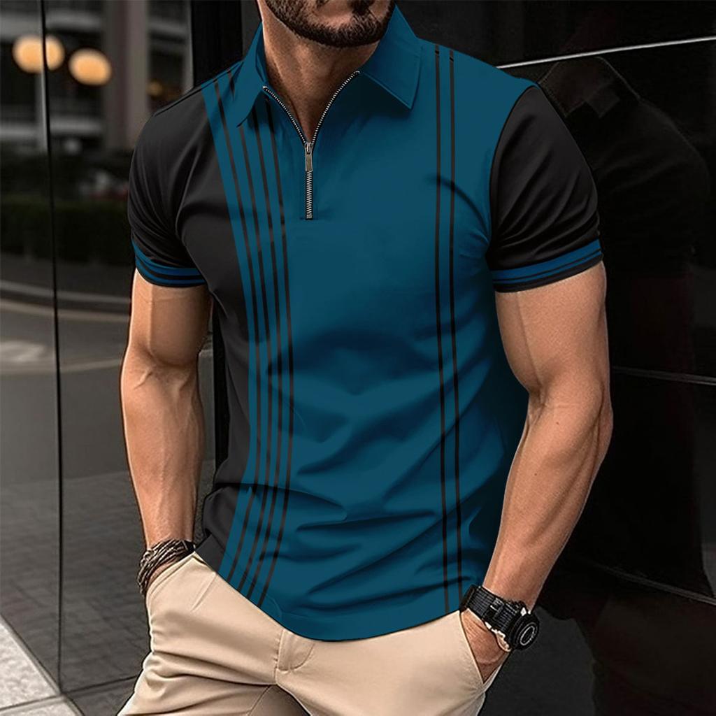 Men's Casual Polo Shirt Striped Short Sleeve T-Shirt Men's Breathable Top Commercial Zipper lapel Street Casual Wear