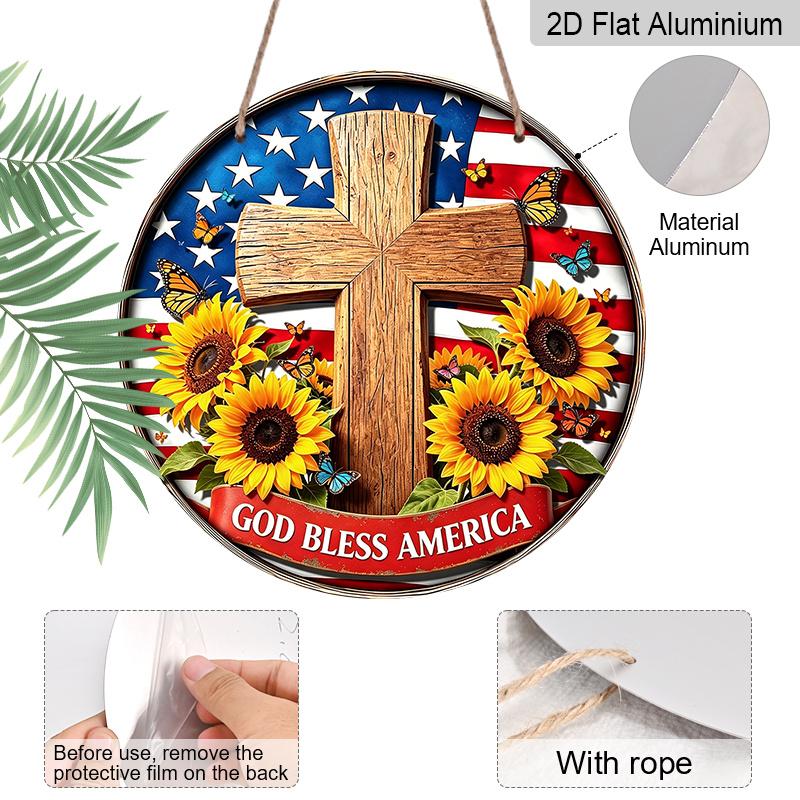 Retro Round Aluminum Wall Decor, American Independence Day Cross & Sunflower Design, Indoor Outdoor Hanging Plaque, Christian Commemorative Gift