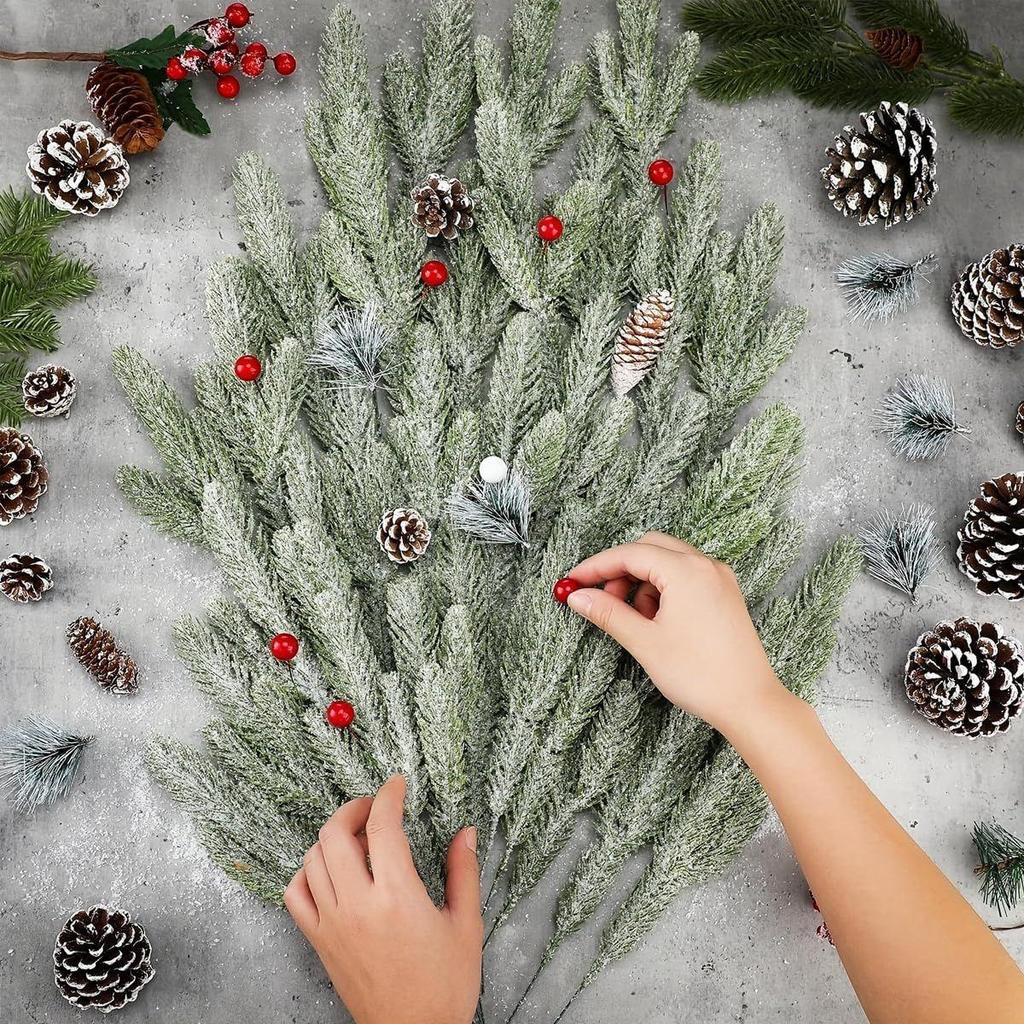 30pcs Christmas Tree Ornaments 10.24inches Snow-Dusted Pine Branches Green Flocked Needle Multi Purpose Decorative