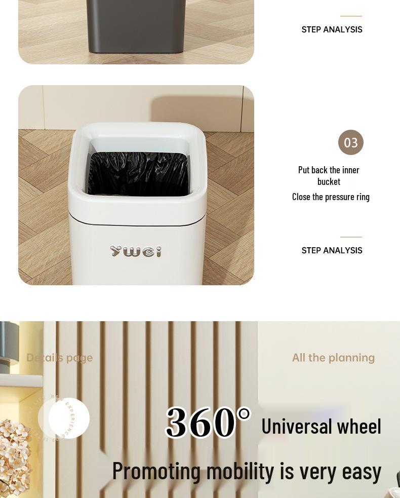 Dual-Use Square Trash Can with Wheels - Light Luxury Wastebasket for Kitchen & Bathroom, Large Capacity