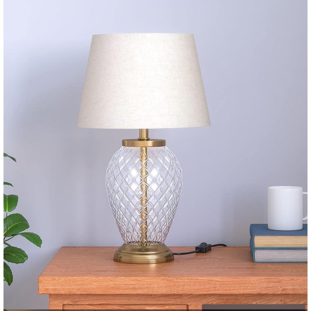 Diamond Cut Glass LED, Incandescant, CFL, Smart Bulbs Table Lamp Brass Antique Finish 19 Inches Height Off White 12 Inches Lamp Shade Pack Of 1