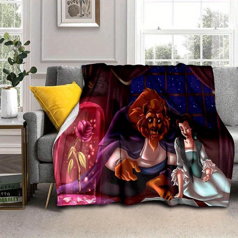 1pc Beauty and The Beast Printing Flannel Blanket for All Season, Unisex Cartoon Blanket, Home Blankets, Lunch Rest Blanket 130cmx150cm