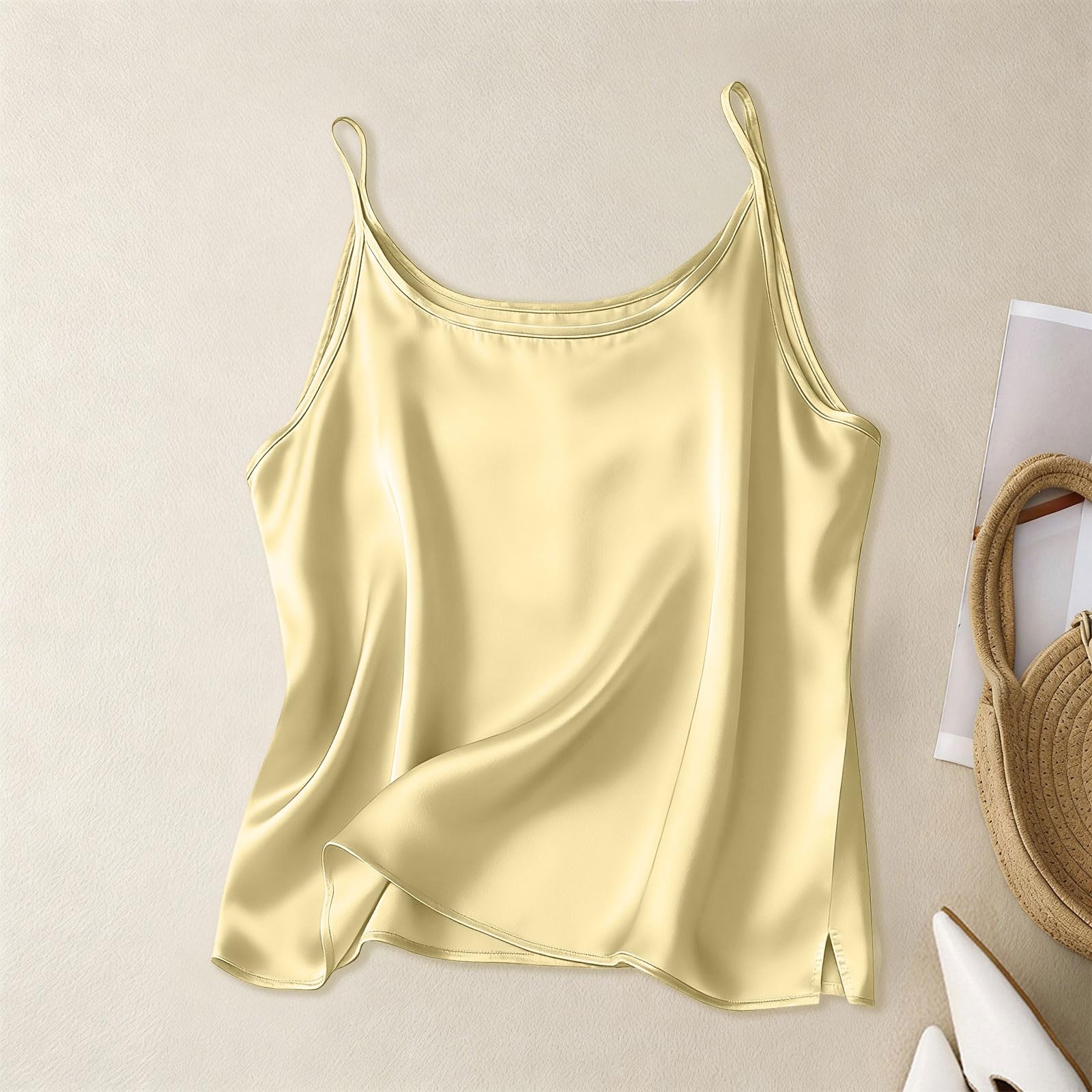 Fashion Women s Silk Satin Vest V-neck Slim Shoulder Strap Vest Soft Sleeveless Round Neck Vest L
