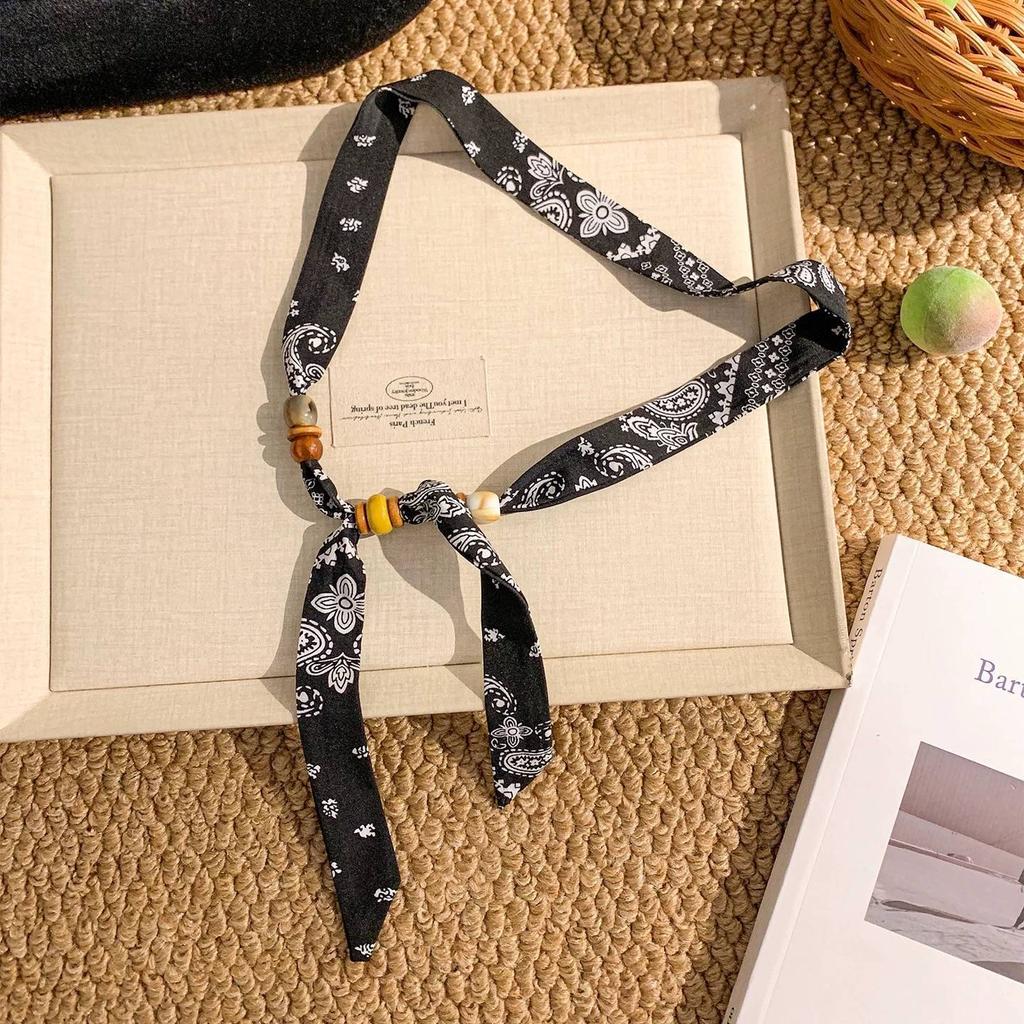 Coffee Blue Retro Wood Beads Long Silk Women Versatile Streamer Neck Protection Scarf New Small Scarf Spring, Summer and Autumn