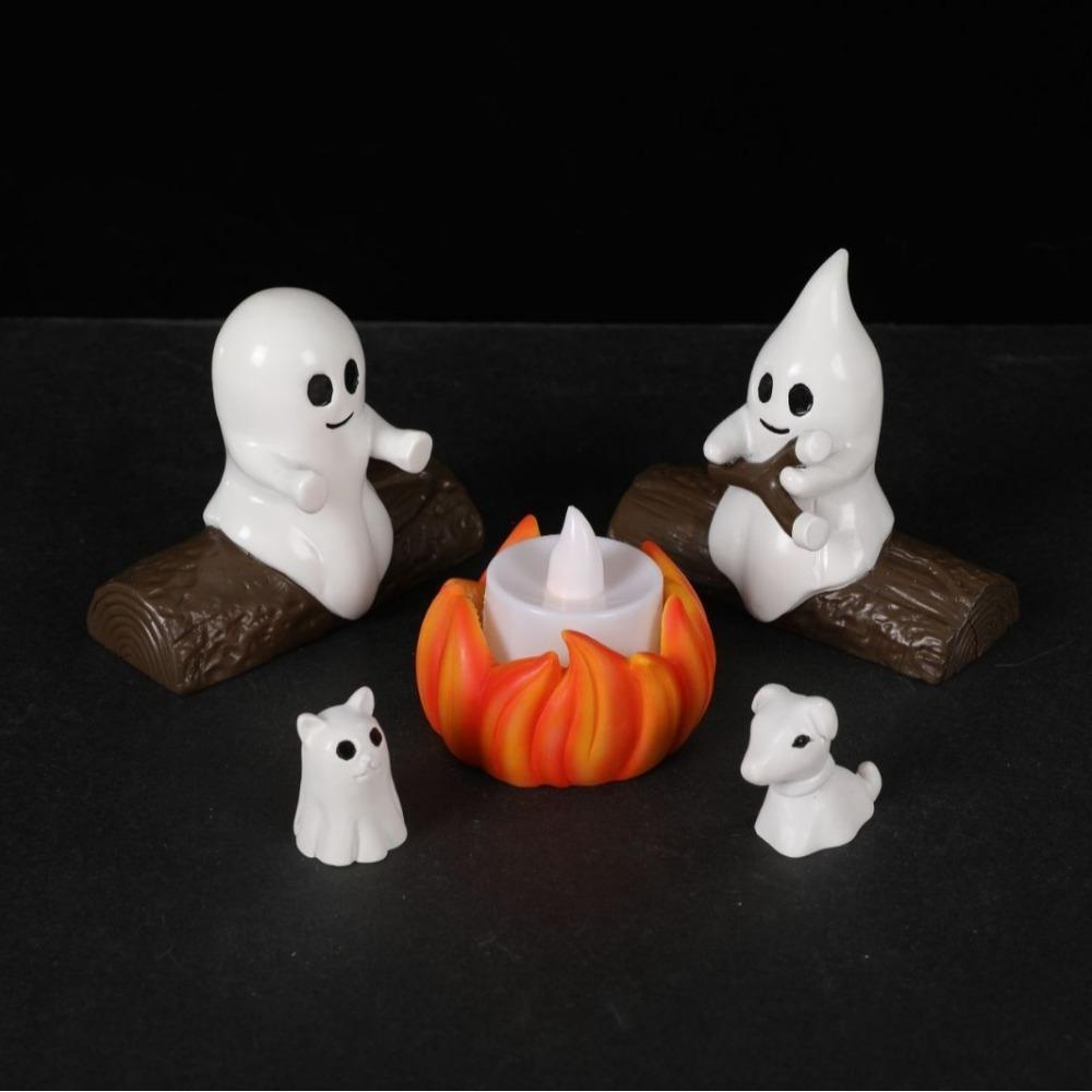 5PCS Resin Ghost Bonfire Ornament Set LED Candle Ghost Campfire Flickering Ornament Desktop