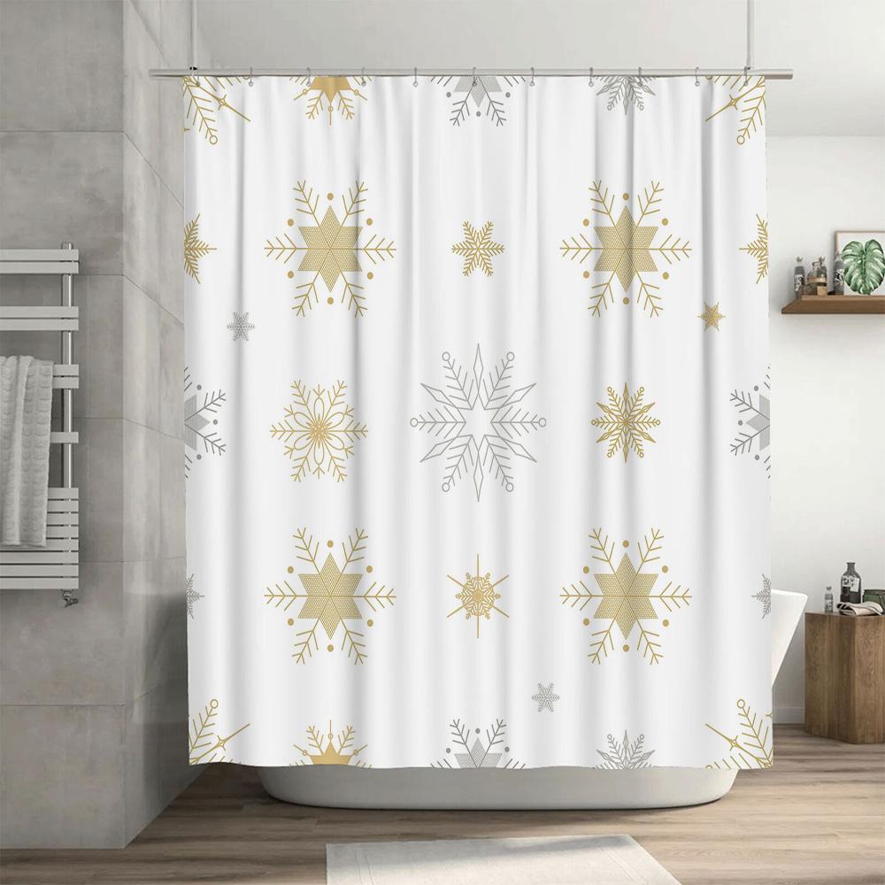 Winter White Shower Curtain with Snowflakes Decor Christmas Bathroom Liner for Home Bath Decoration (White/Gold)