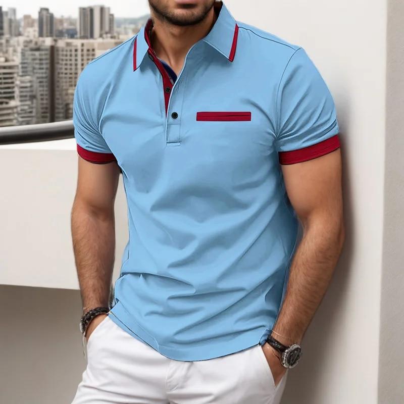 

Летняя новая мужская повседневная рубашка поло с коротким рукавом, модная футболка с отложным воротником, мужская дышащая рубашка поло, мужской топ XXL светло-синий