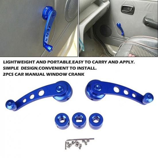 Set Car Universal Blue Billet Aluminum Manual Door Handle Crank Window Winder