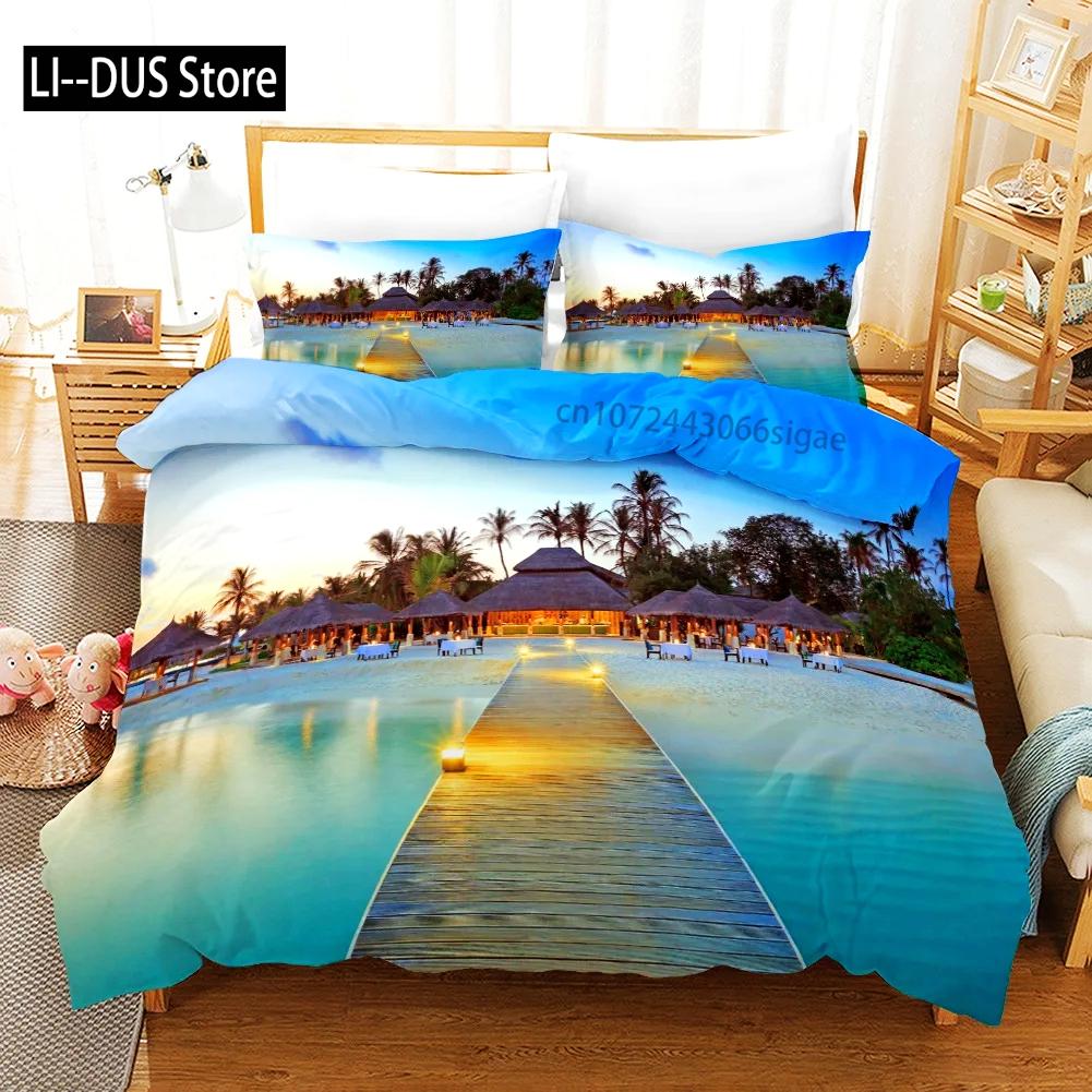 Tropical Duvet Cover Set King Size Microfiber Palm Trees Silhouette Sunset Tropical Beach Coastline Exotic Vacations Bedding Set