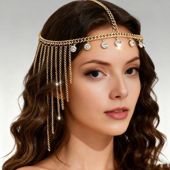 Hair Chain Adjustable Size Women Indian Headwear Multi-Layered Rhinestone Tiara with Golden Tassels Sparkling Rhinestones Headpiece