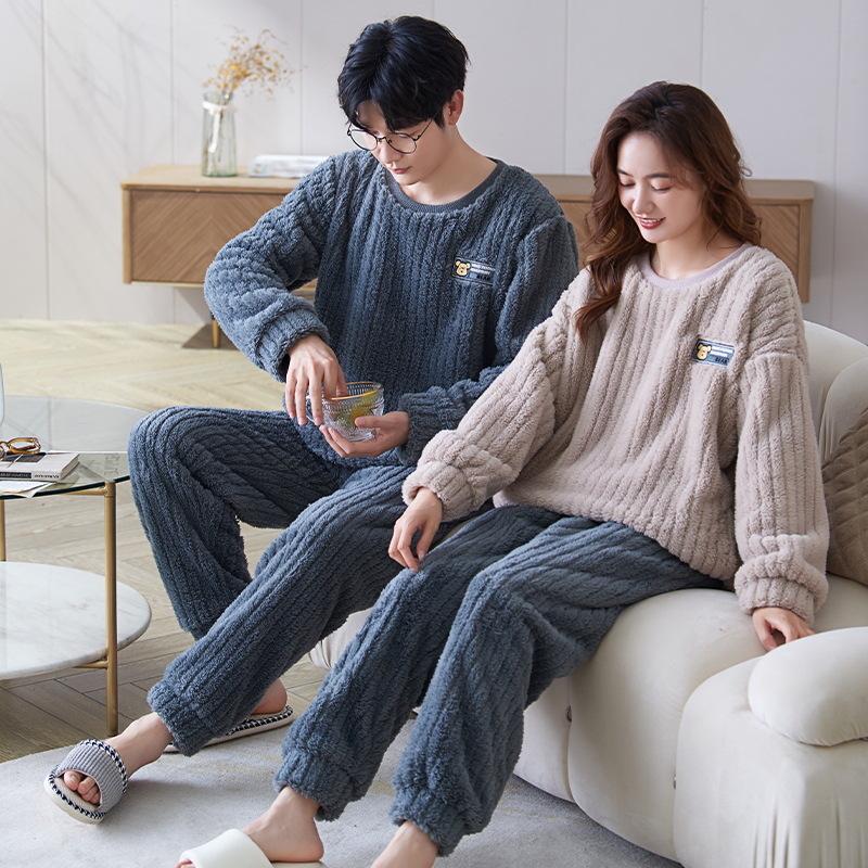 Couples' Cozy Flannel Pajama Set: Women's Plus Velvet, Men's Loose Fit, Warm Coral Fleece Homewear