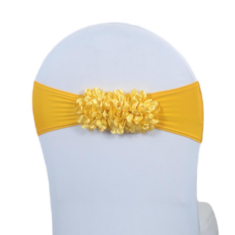 Faixa de Cadeira de Cetim Elástico em Várias Cores Design Elástico com Flor 3D Para Decoração de Casamento Banquete Festa Evento