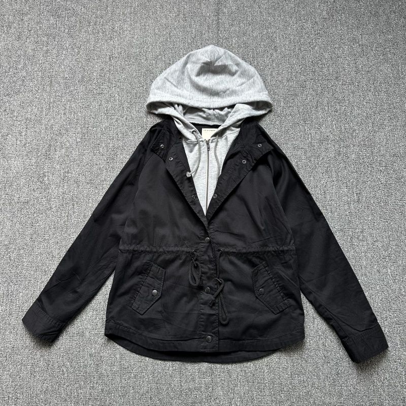 

to Europe and America Single Cotton Trench coat Women Hood Double Placket Waist Hugging Slimming Single Layer 100 Cotton Casual All-matching Outerwear Black Cotton Double Placket Tight Waist Coat XS