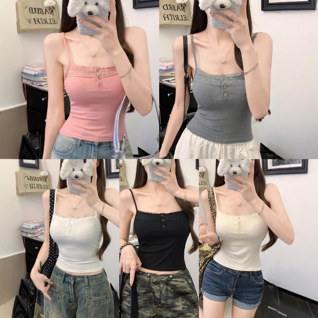 #Summer New Versatile Slim Lace Button Design Integrated with Chest Pad Comfortable Solid Color Thin
