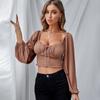 Sexy slim-fit low-cut open-button shirt short top, lantern sleeve drawstring, fungus edge knitted long-sleeved T-shirt