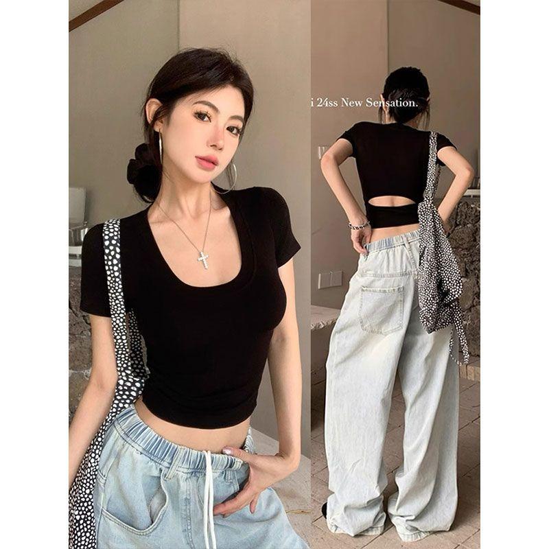 Spice Girl Low Neck Short Navel Shirt Women's Short Sleeve Backless Slim Skinny Pure Desire Fashion Skinny Clavicle Top Women