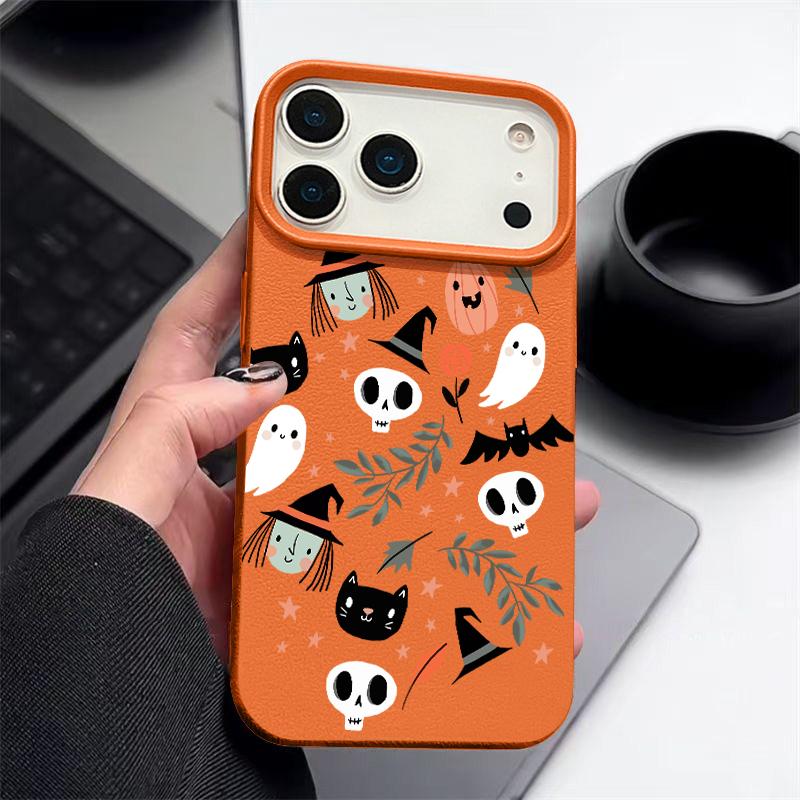 Ghost Witch Skulls Print Phone Case For iPhone 17 Pro Max Funda iPhone 16 Pro Max 15 14 13 12 11 16e Air Leather Texture Silicone Soft Cover
