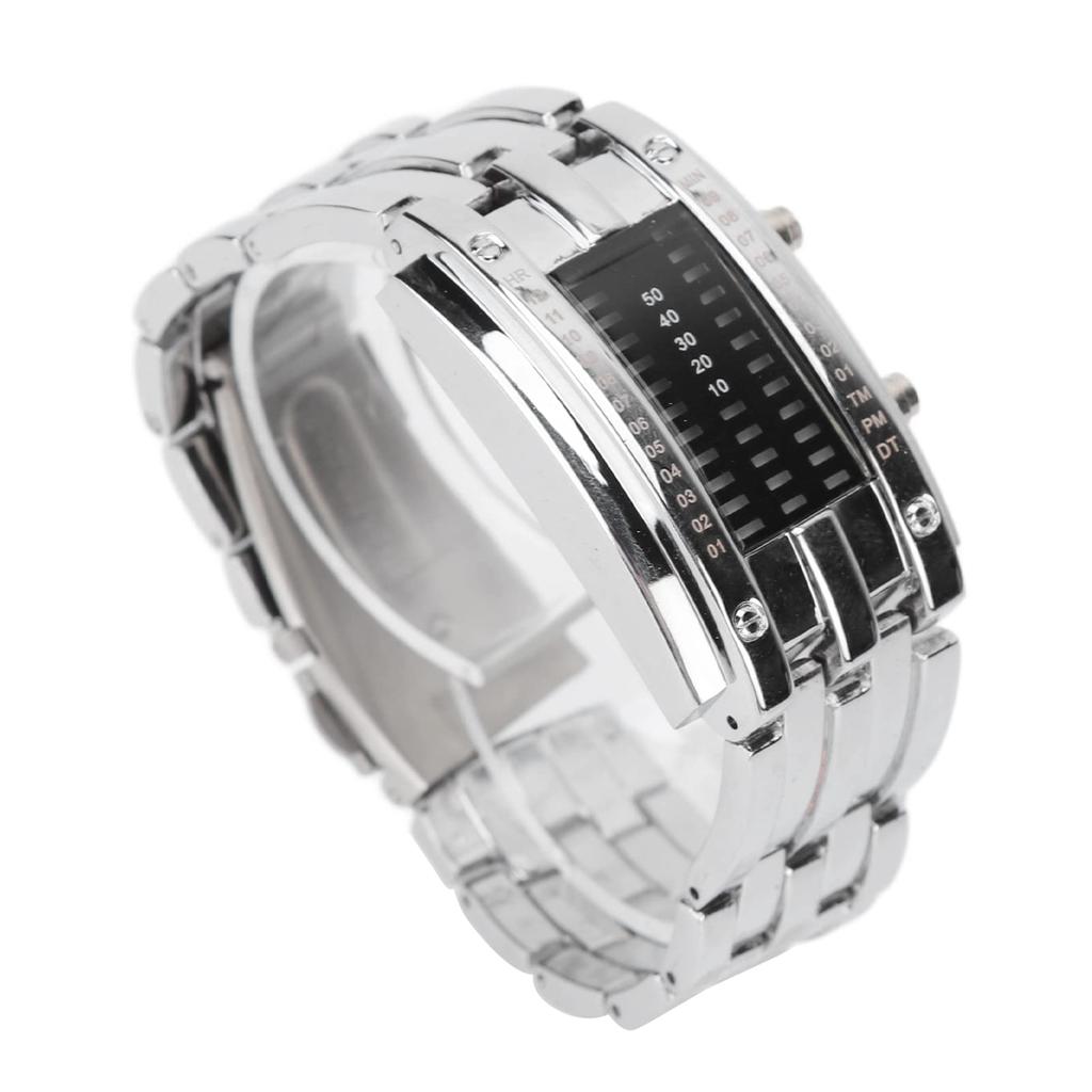 Men's LED Watch Ique Binary Time Mode Display Convex Arc Structure Silver Electronic Wristwatch (Small 8x26cm)